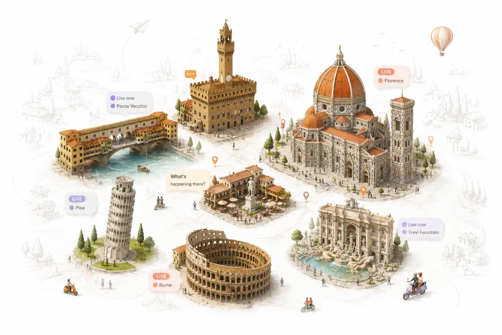 Collage of iconic Italian landmarks — Florence, Pisa, Rome and Venice